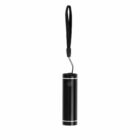 Small black cylindrical flashlight with a wrist strap attached to the top.