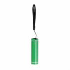 Green cylindrical portable power bank with a black wrist strap attached.