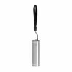 Silver cylindrical flashlight with a black wrist strap on a white background.