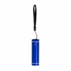 Blue cylindrical flashlight with a black wrist strap, isolated on a white background.