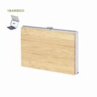 Rectangular bamboo and metal card holder with a hinged lid, shown closed and open.