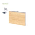 Rectangular bamboo business card holder with metal edges, shown open and closed.