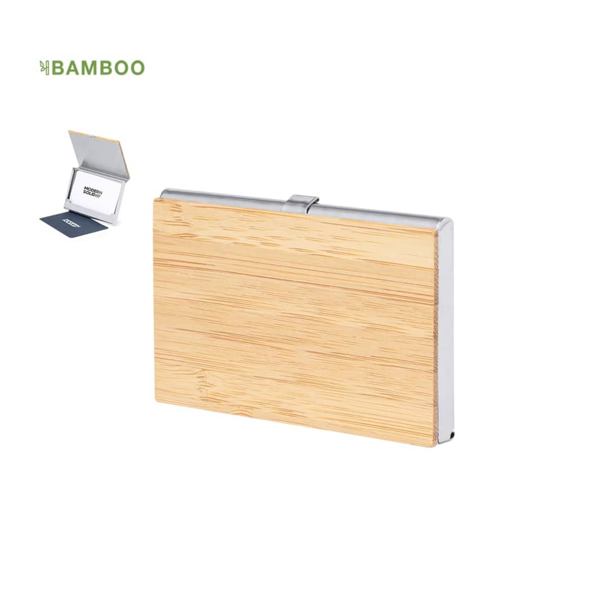 Rectangular bamboo business card holder with metal edges, shown open and closed.