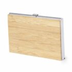 Rectangular card holder with a light wood front and silver metal edges, against a white background.