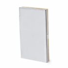 Closed silver metal business card holder standing upright on a white background.