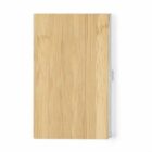 Closed bamboo notebook with a pen attached on the right side, viewed from above.