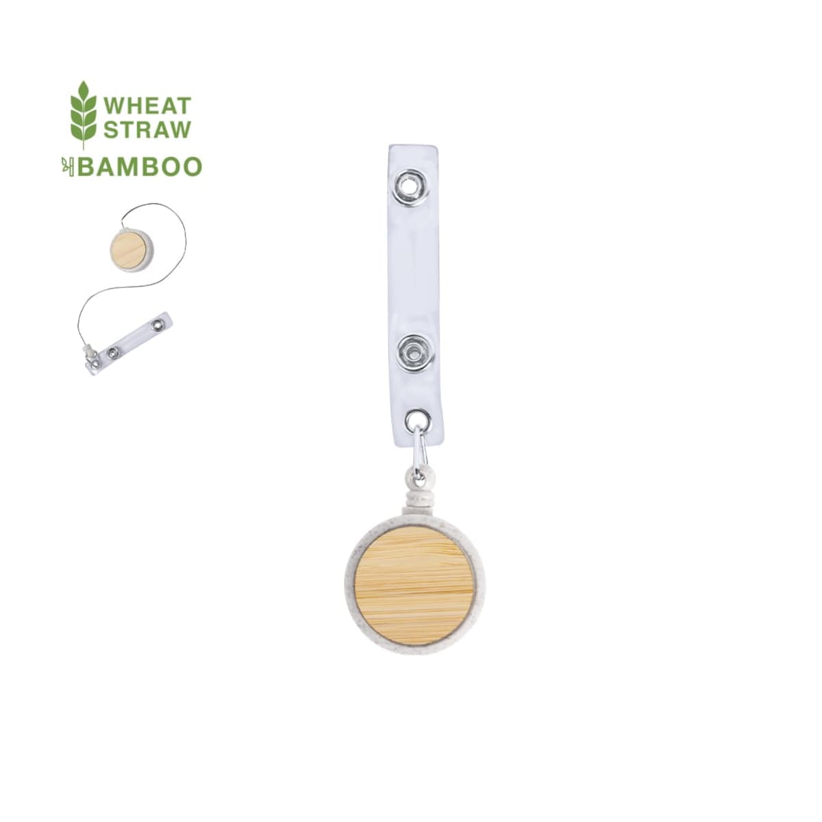 Round bamboo badge holder with clear strap and metal snap, labeled wheat straw and bamboo.