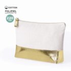 White and gold zippered pouch with a cotton and leatherette finish, 220 GSM.