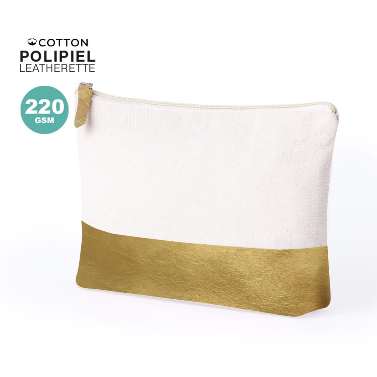 White and gold zippered pouch, cotton and leatherette, 220 GSM text on the image.