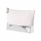 White and silver zippered pouch with a metallic bottom and plain top on a white background.