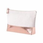 White and rose gold zippered pouch standing upright on a white background.