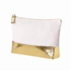 Beige zippered pouch with a shiny gold metallic bottom and corner zipper pull.