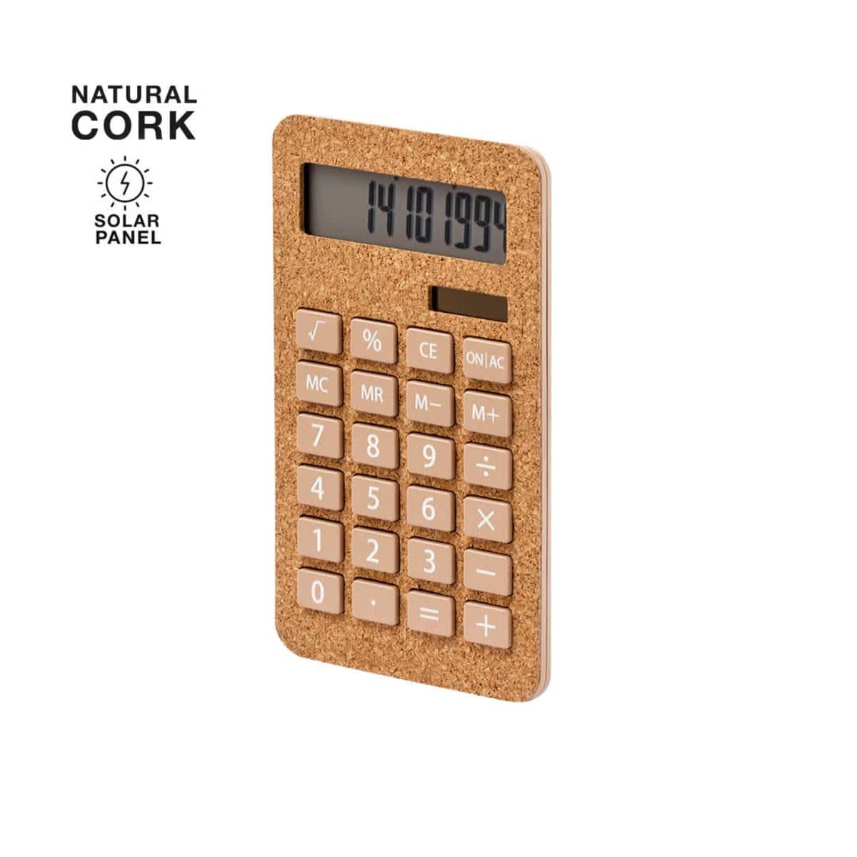 Cork-covered solar calculator displaying numbers, with Natural Cork and Solar Panel text.