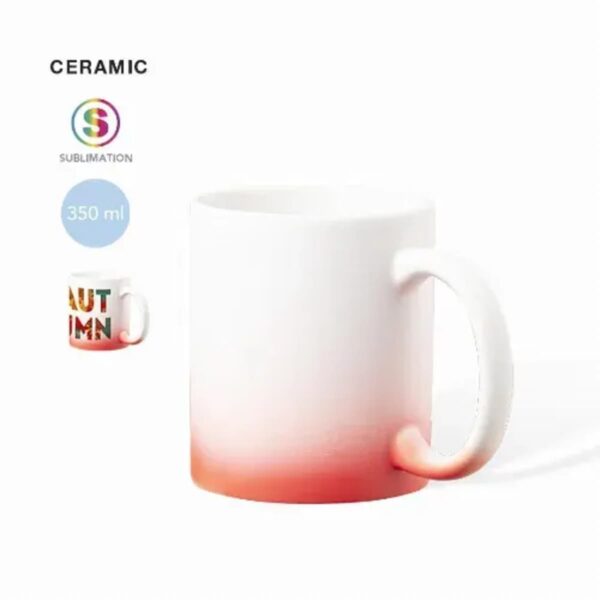 White ceramic mug with red gradient at the base, handle on the right, 350ml capacity.