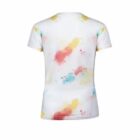 White t-shirt with colorful paint splatter pattern on the back, shown against a white background.