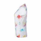 Side view of a white t-shirt with colorful paint splatter design on a plain background.