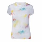 White t-shirt with colorful pastel tie-dye splashes in blue, yellow, orange, and pink.