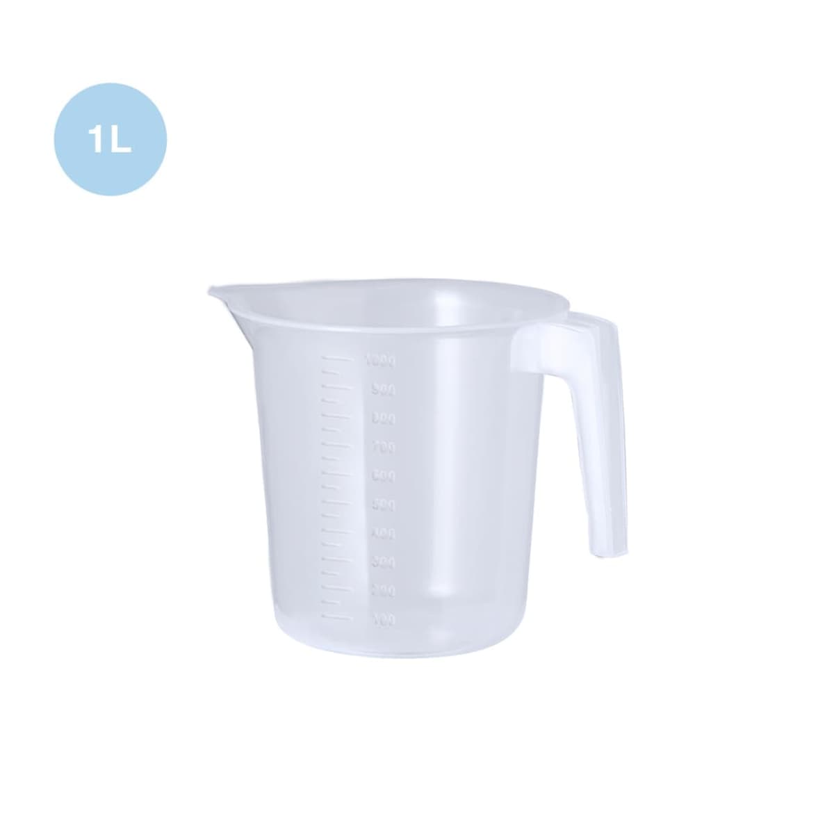 Clear plastic measuring jug with handle, marked 1L in a blue circle.