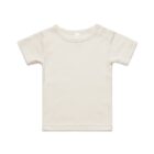 Plain cream-colored short-sleeve baby t-shirt with shoulder snap buttons, laid flat.