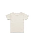 Plain beige short-sleeve baby t-shirt with snap buttons on one shoulder.