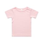 Light pink short-sleeve baby t-shirt with two snap buttons on the shoulder.