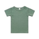 Plain green short-sleeve baby t-shirt with shoulder snaps, displayed on a white background.