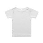 Plain white short-sleeve baby t-shirt with buttons on one shoulder, shown on a white background.