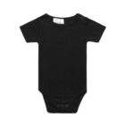 Black short-sleeve baby onesie with snap closures at the crotch and shoulder.