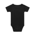 Black short-sleeve baby onesie displayed flat on a white background, back view.