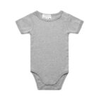 A plain short-sleeve gray baby onesie laid flat on a white background.