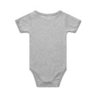 Gray short-sleeve baby onesie laid flat, viewed from the back against a white background.