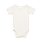 Short-sleeve, cream-colored baby onesie laid flat on a white background.