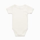 Plain white short-sleeve baby bodysuit displayed flat on a white background.