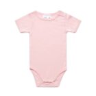 Light pink short-sleeve baby onesie with snap buttons at the shoulder and crotch.