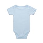 Light blue short-sleeve baby onesie shown flat, back side facing up.