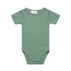 Short-sleeve, sage green baby onesie with snap closures at the bottom.