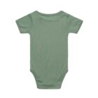 Sage green short-sleeve baby onesie displayed flat, back side facing up.