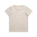 Plain beige short-sleeve t-shirt laid flat on a white background.