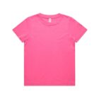 A plain, short-sleeved, bright pink T-shirt on a white background.