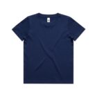 Plain navy blue short-sleeve t-shirt laid flat on a white background.