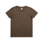 Plain brown short-sleeve t-shirt laid flat on a white background.