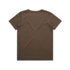 Plain brown short-sleeve t-shirt laid flat, viewed from the back.