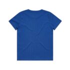 Plain blue short-sleeve t-shirt laid flat, shown from the back.