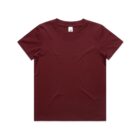 A plain maroon short-sleeve t-shirt on a white background.