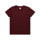 Plain maroon short-sleeve t-shirt on a white background.