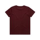 Back view of a plain maroon t-shirt on a white background.