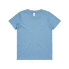 Plain light blue short-sleeve t-shirt laid flat on a white background.