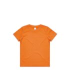 Plain orange short-sleeve t-shirt laid flat on a white background.