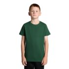Young boy wearing a plain green t-shirt and black pants, standing against a white background.
