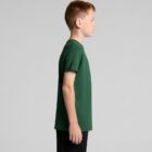 Boy in a green t-shirt and black shorts standing in profile against a plain background.